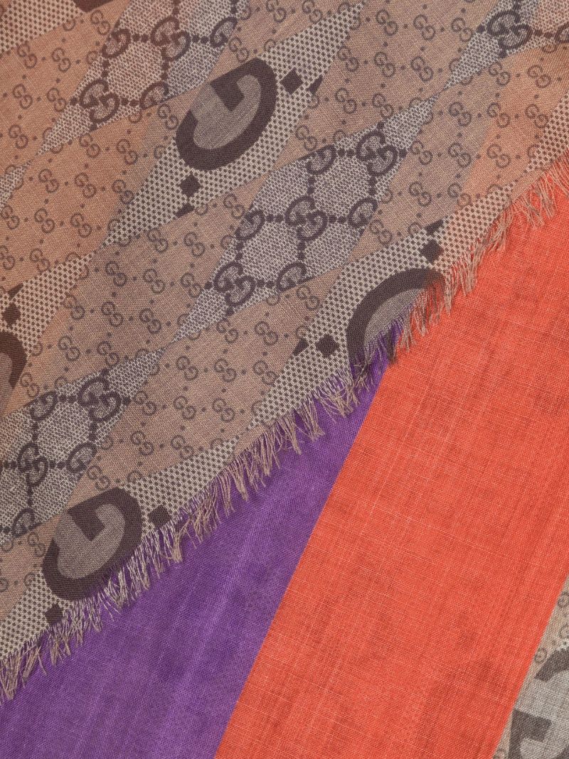 Brown Monogram Pattern Stripe Detail Wool Scarf