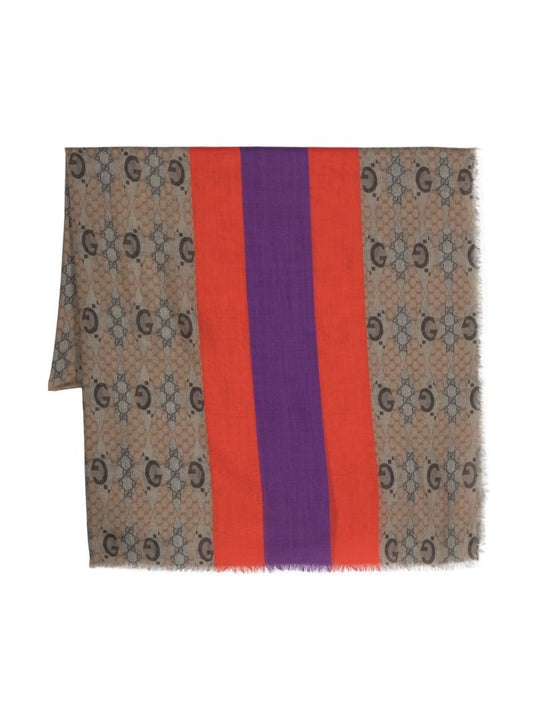 Brown Monogram Pattern Stripe Detail Wool Scarf