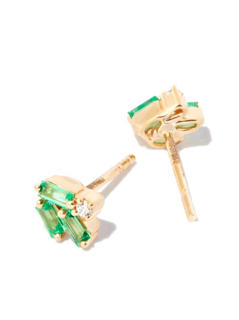 18k Yellow Gold Cluster Emerald and Diamond Stud Earrings