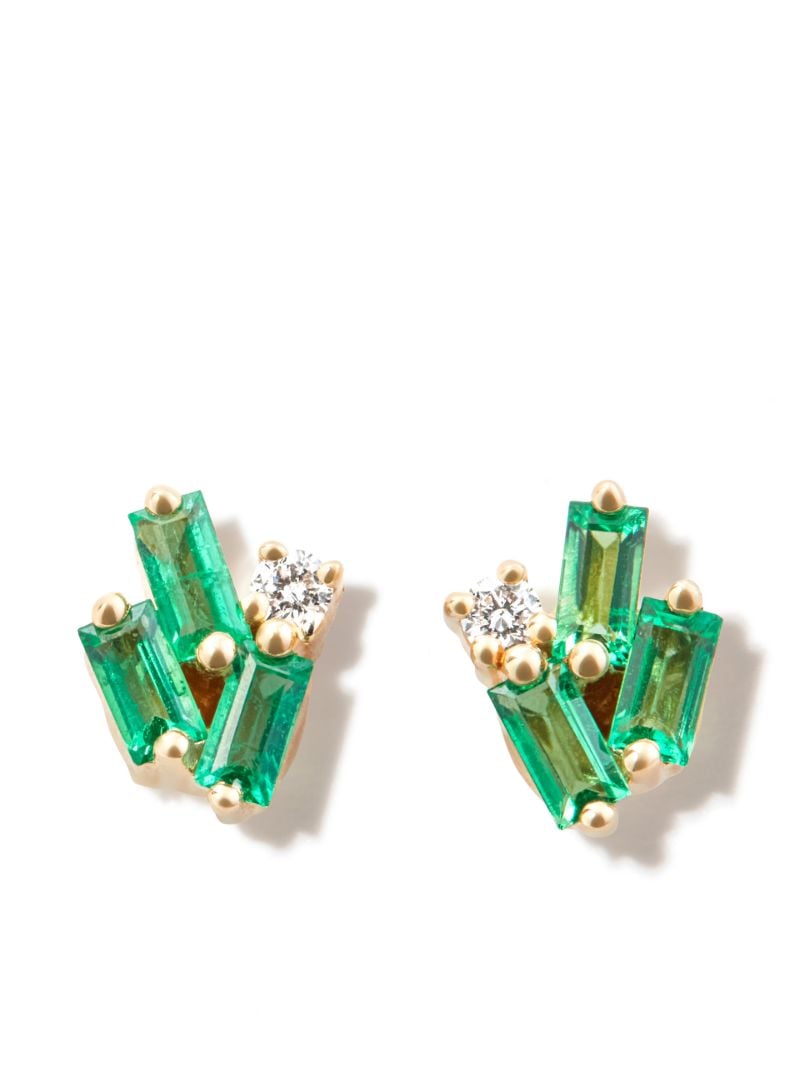 18k Yellow Gold Cluster Emerald and Diamond Stud Earrings