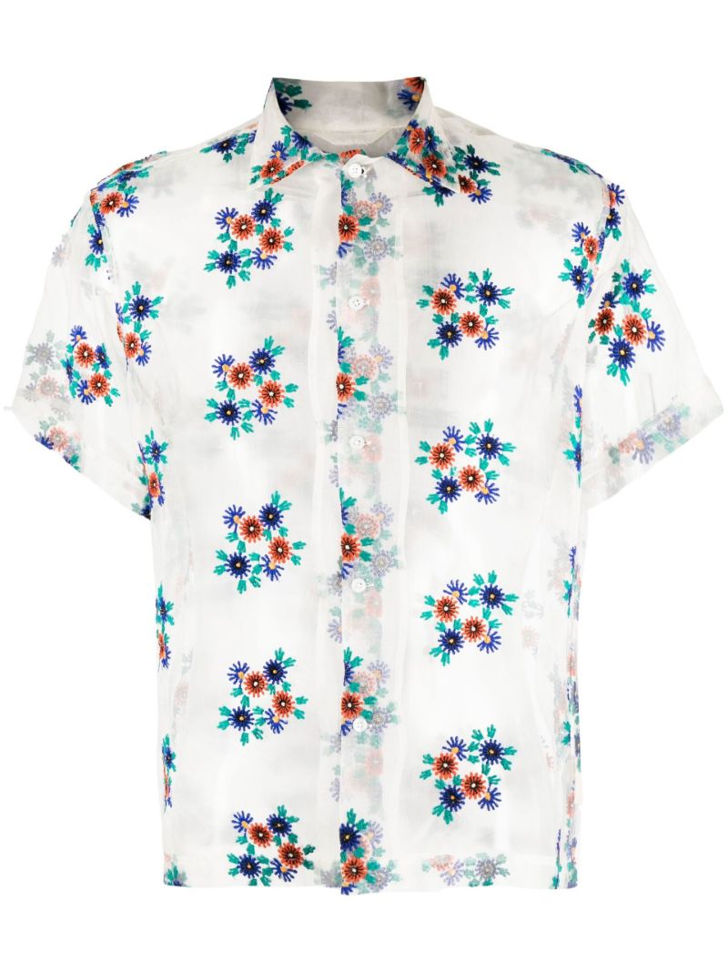 White Daisy Embroidered Sheer Silk Shirt