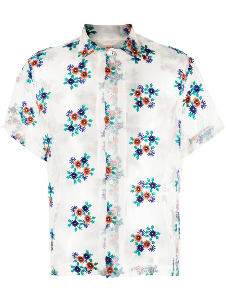 White Daisy Embroidered Sheer Silk Shirt