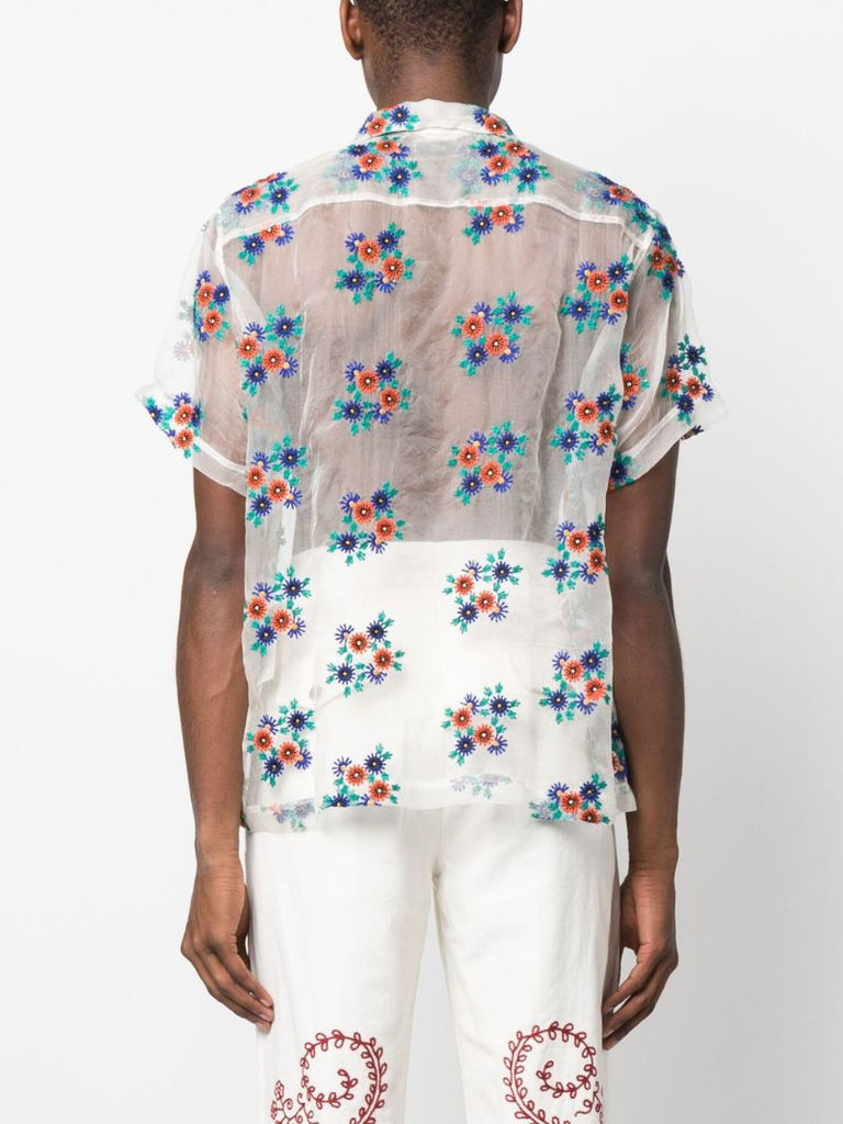 White Daisy Embroidered Sheer Silk Shirt