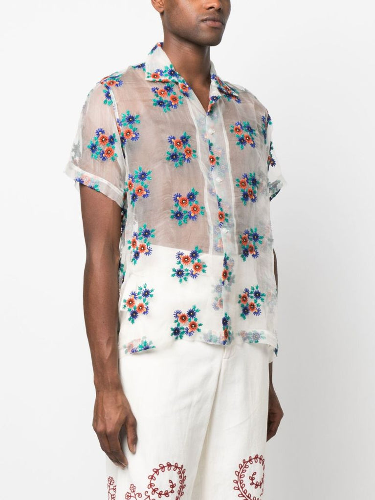 White Daisy Embroidered Sheer Silk Shirt