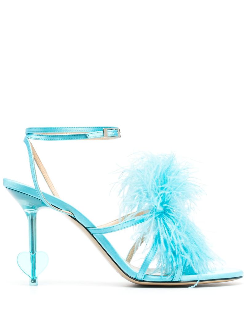 Blue Feather Trim 105 Satin Sandals