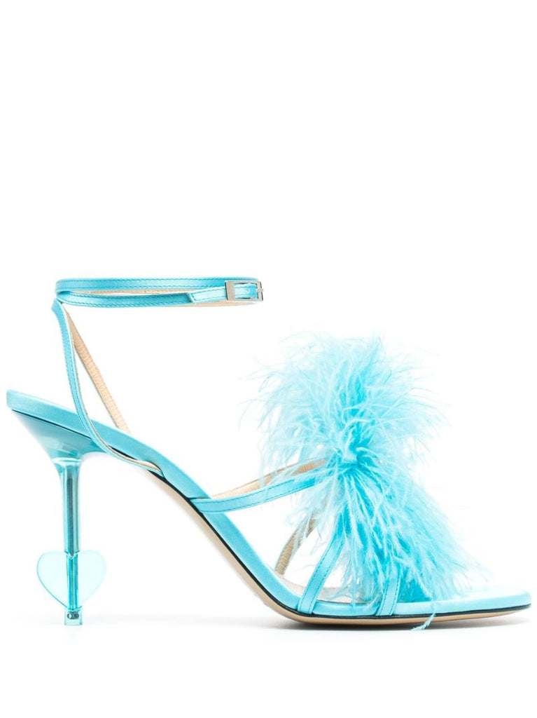 Blue Feather Trim 105 Satin Sandals