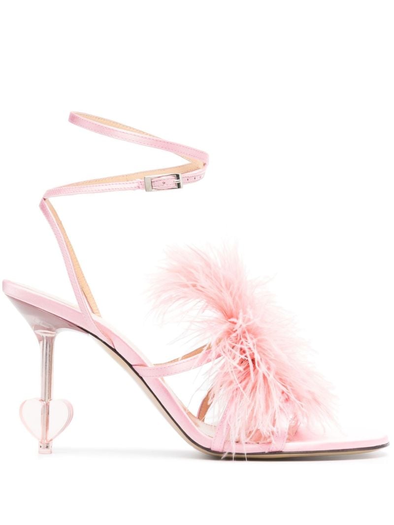 Pink Feather Trim 95 Satin Sandals