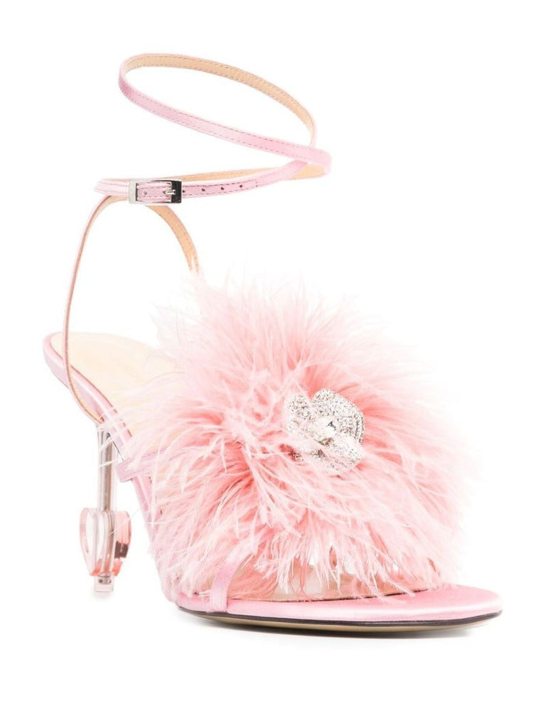 Pink Feather Trim 95 Satin Sandals