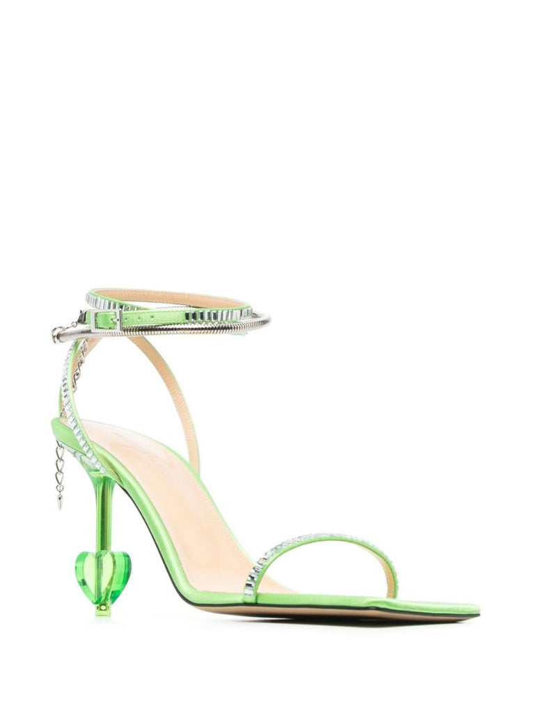 Green Crystal Heart 105 Satin Sandals