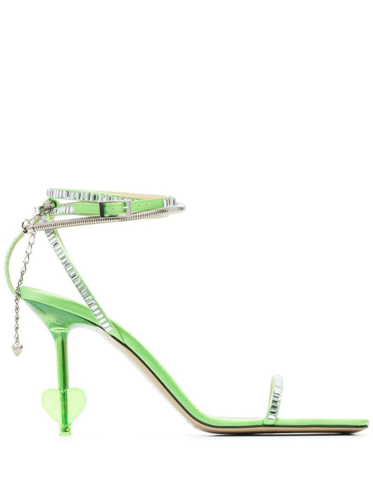 Green Crystal Heart 105 Satin Sandals