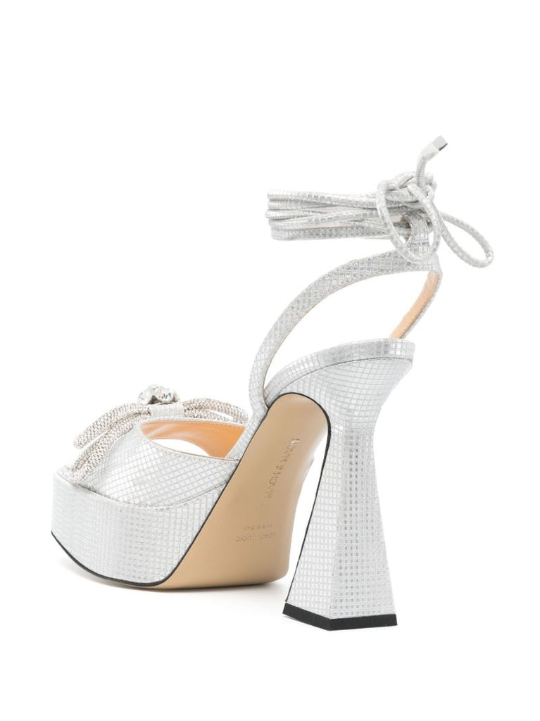 Silver Double Bow 140 Crystal Leather Sandals