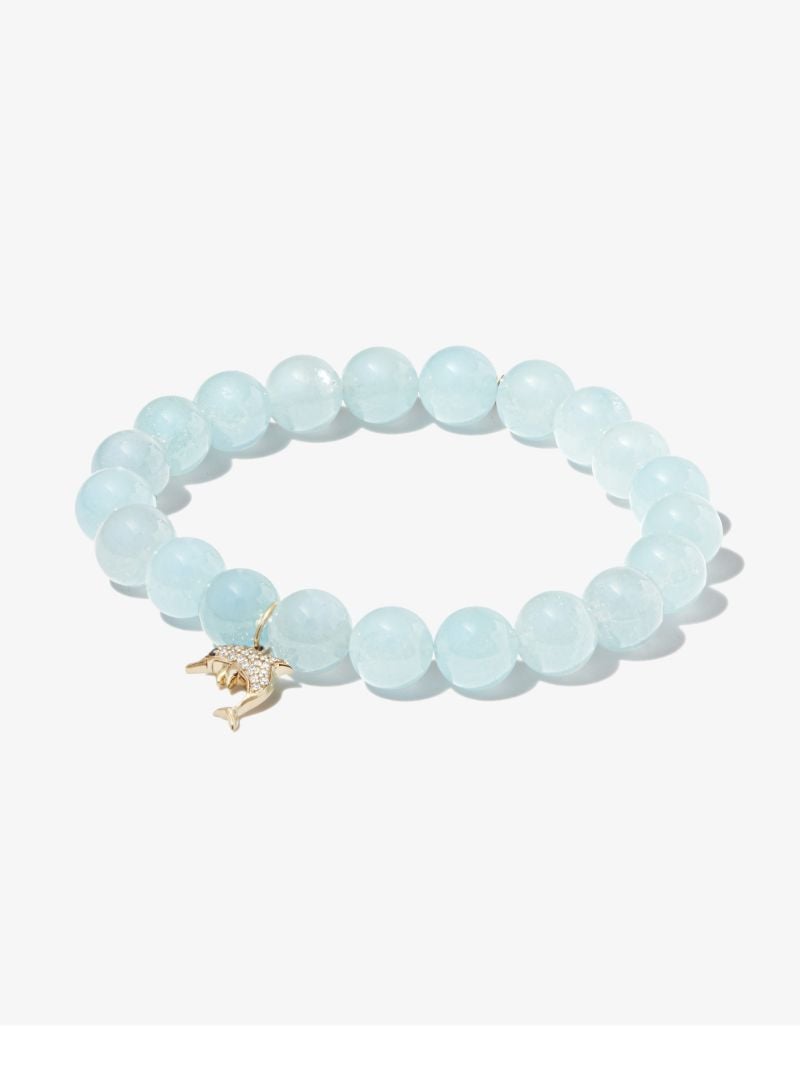 14k Yellow Gold Dolphin Aquamarine Diamond Beaded Bracelet