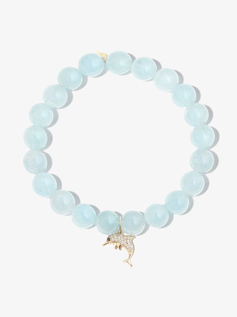14k Yellow Gold Dolphin Aquamarine Diamond Beaded Bracelet
