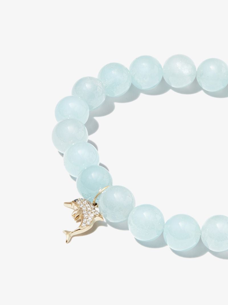 14k Yellow Gold Dolphin Aquamarine Diamond Beaded Bracelet