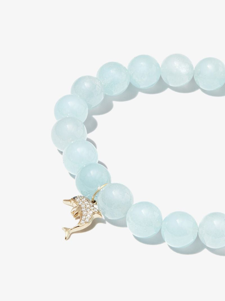 14k Yellow Gold Dolphin Aquamarine Diamond Beaded Bracelet