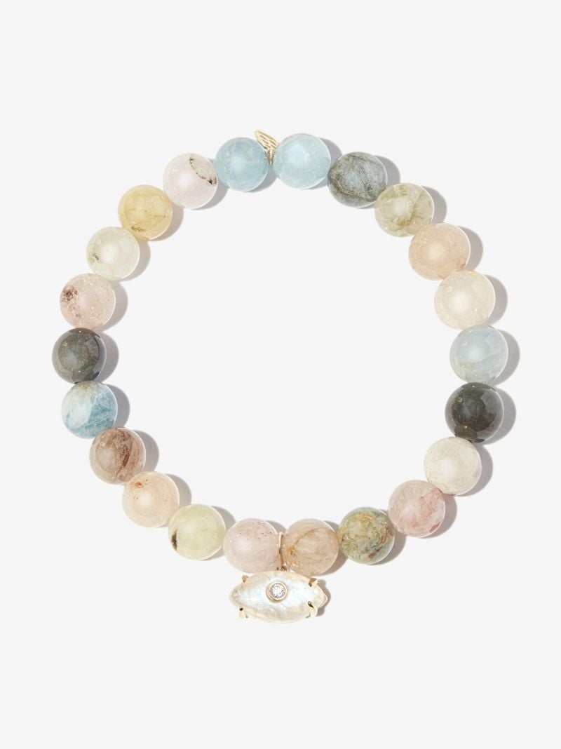 14k Yellow Gold Evil Eye Morganite Diamond Beaded Bracelet