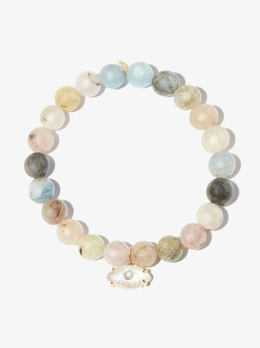 14k Yellow Gold Evil Eye Morganite Diamond Beaded Bracelet