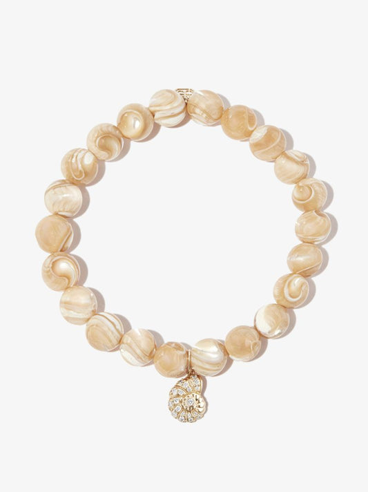 14k Yellow Gold Shell Mother of Pearl Diamond Beaded Bracelet