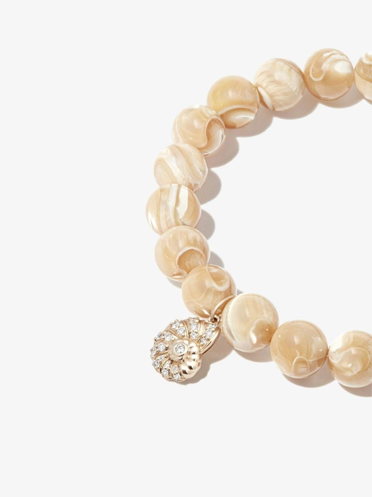 14k Yellow Gold Shell Mother of Pearl Diamond Beaded Bracelet