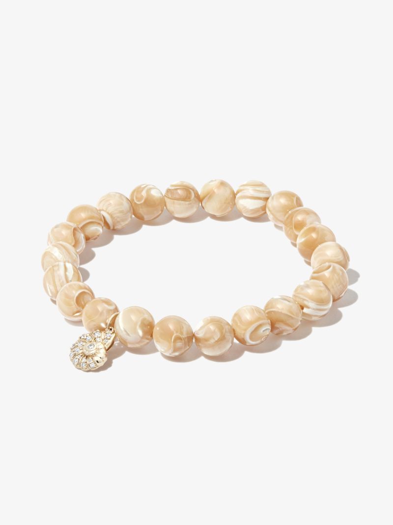 14k Yellow Gold Shell Mother of Pearl Diamond Beaded Bracelet