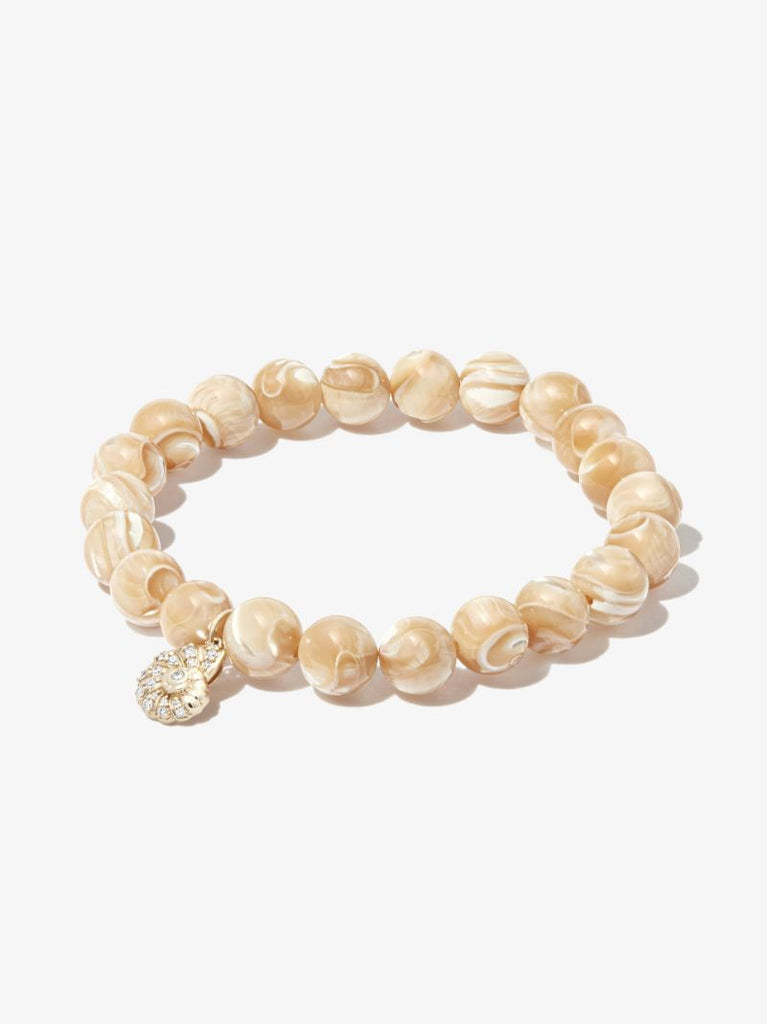 14k Yellow Gold Shell Mother of Pearl Diamond Beaded Bracelet