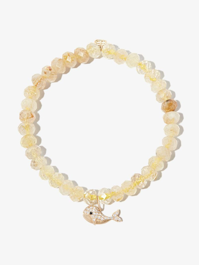 14k Yellow Gold Whale Quartz Diamond Beaded Bracelet
