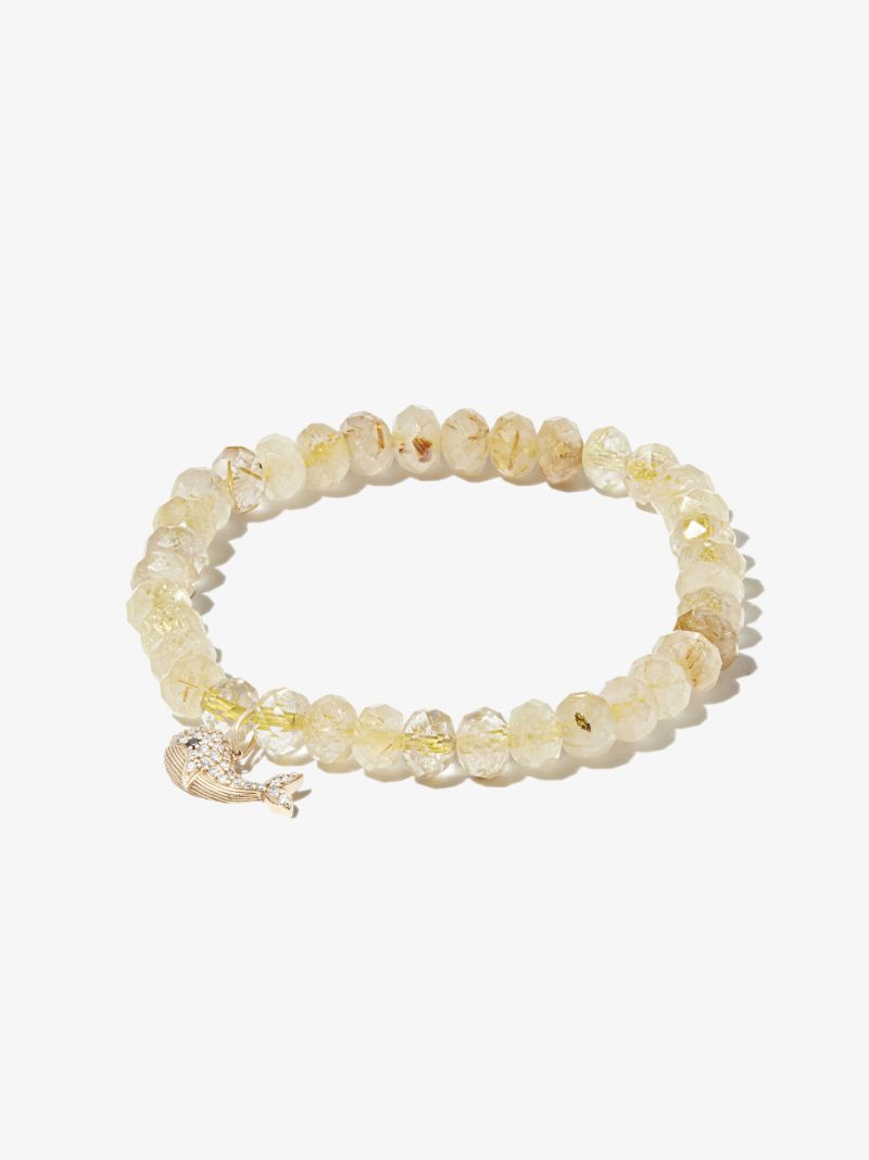 14k Yellow Gold Whale Quartz Diamond Beaded Bracelet