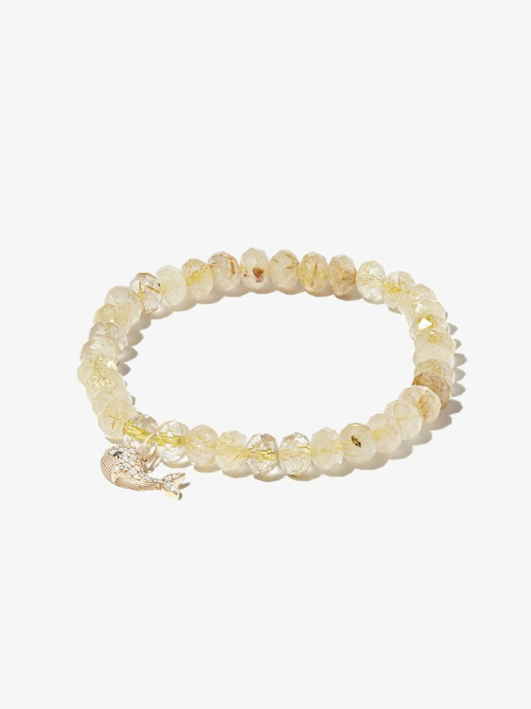 14k Yellow Gold Whale Quartz Diamond Beaded Bracelet