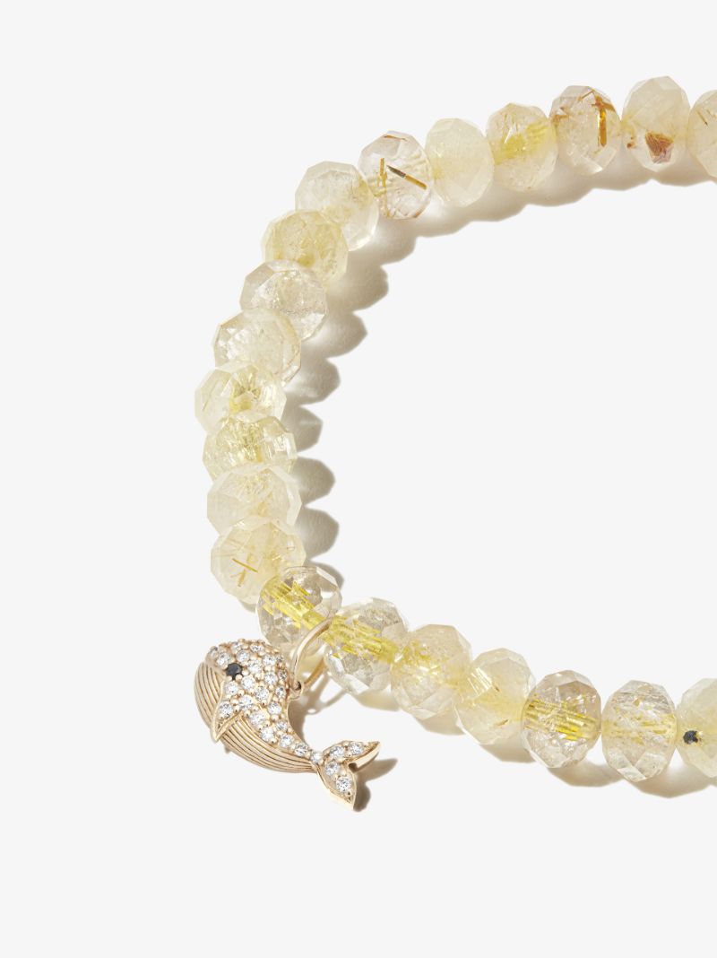 14k Yellow Gold Whale Quartz Diamond Beaded Bracelet