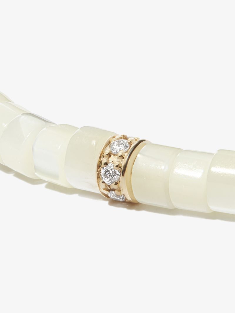 14k Yellow Gold Rondelle Mother of Pearl Diamond Beaded Necklace