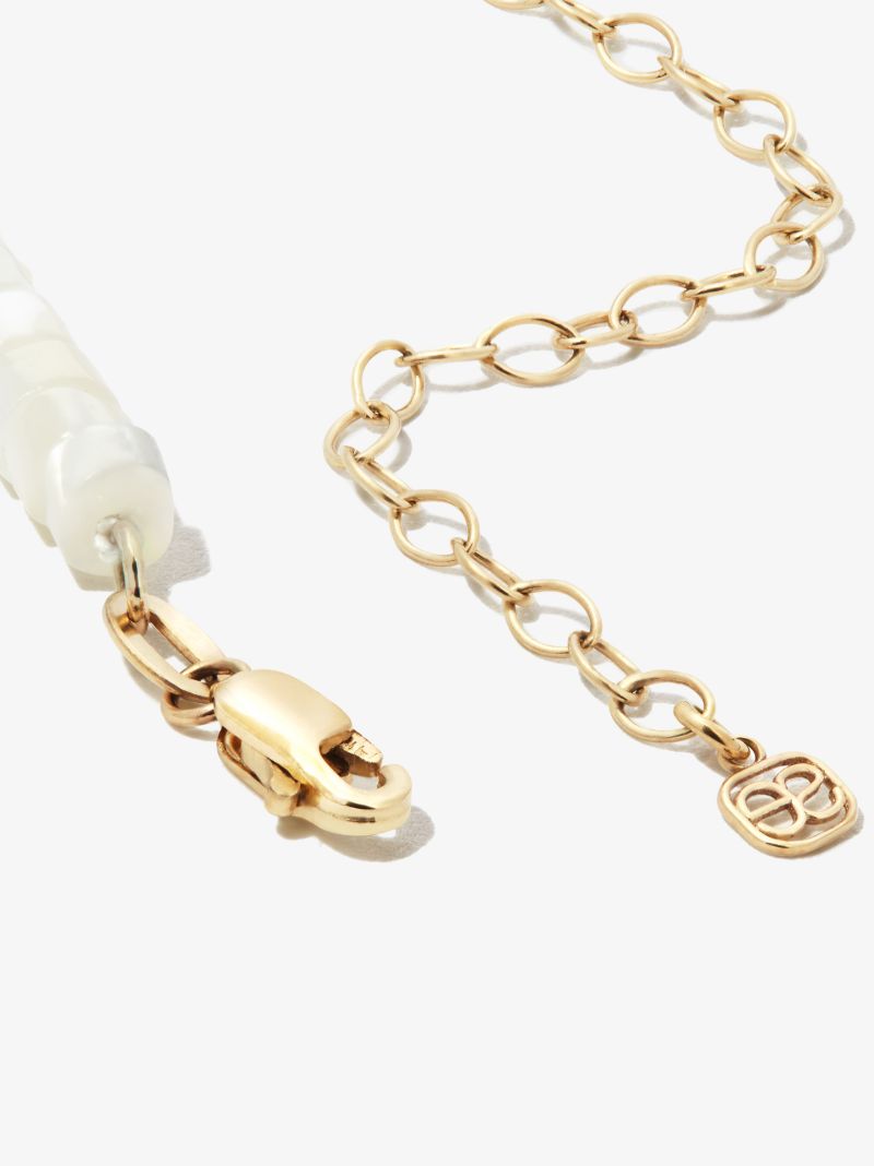 14k Yellow Gold Rondelle Mother of Pearl Diamond Beaded Necklace