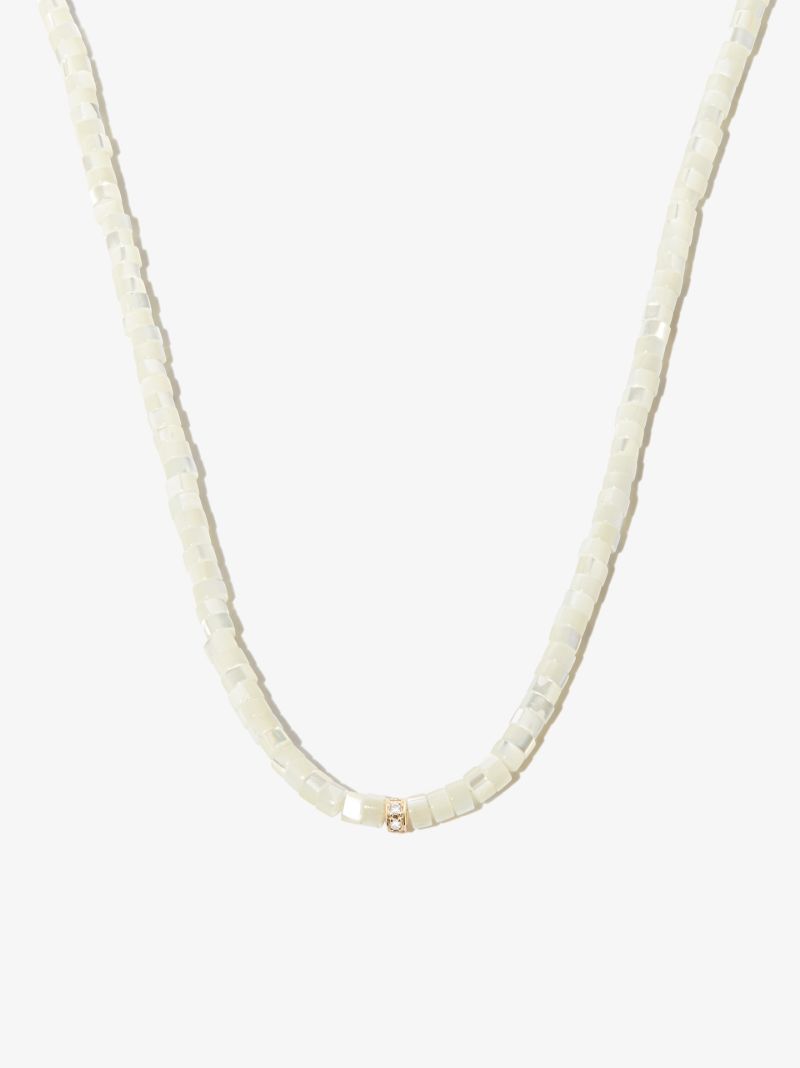 14k Yellow Gold Rondelle Mother of Pearl Diamond Beaded Necklace