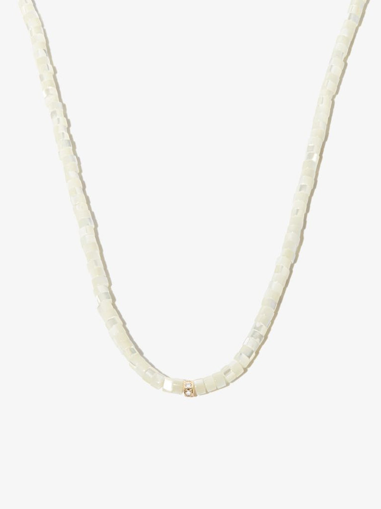 14k Yellow Gold Rondelle Mother of Pearl Diamond Beaded Necklace