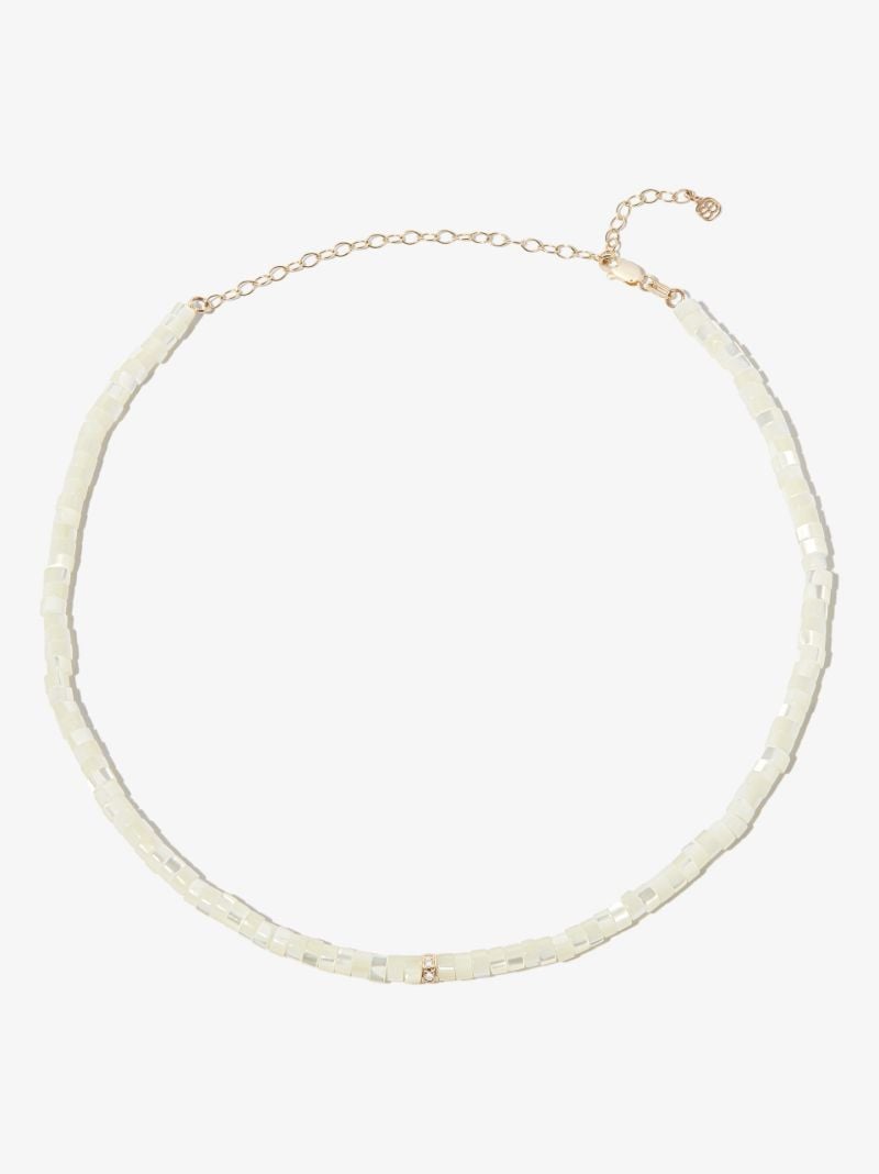 14k Yellow Gold Rondelle Mother of Pearl Diamond Beaded Necklace