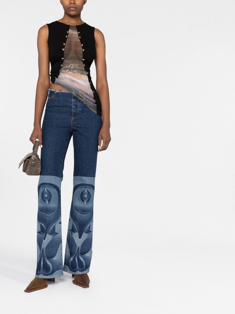 Blue Raw-edge Printed Bootcut Jeans