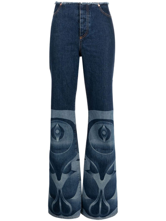 Blue Raw-edge Printed Bootcut Jeans