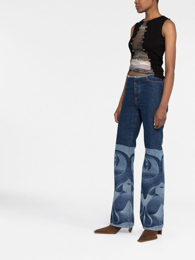 Blue Raw-edge Printed Bootcut Jeans