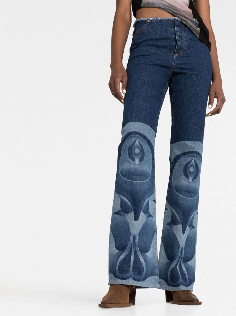 Blue Raw-edge Printed Bootcut Jeans