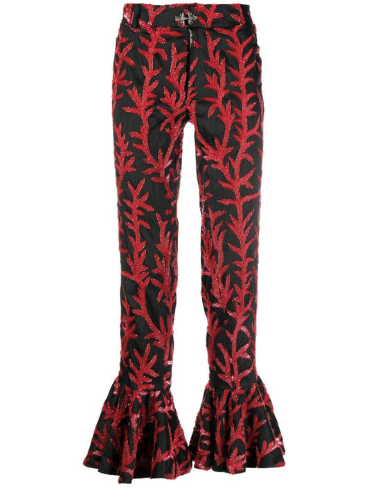 Black Sequin Embroidered Silk Trousers