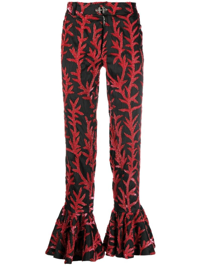 Black Sequin Embroidered Silk Trousers