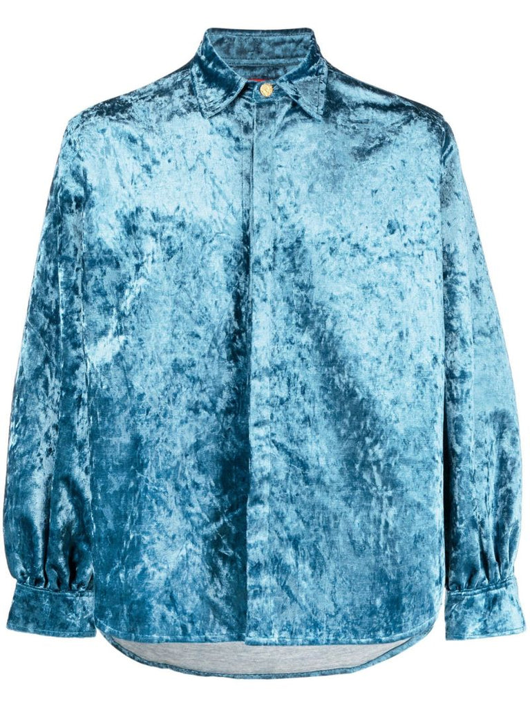 Blue Crushed Velvet Long Sleeved Shirt