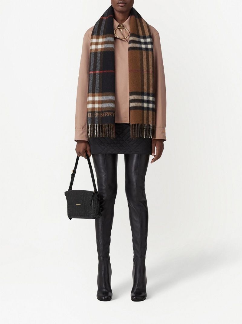Brown Contrast Check Cashmere Scarf
