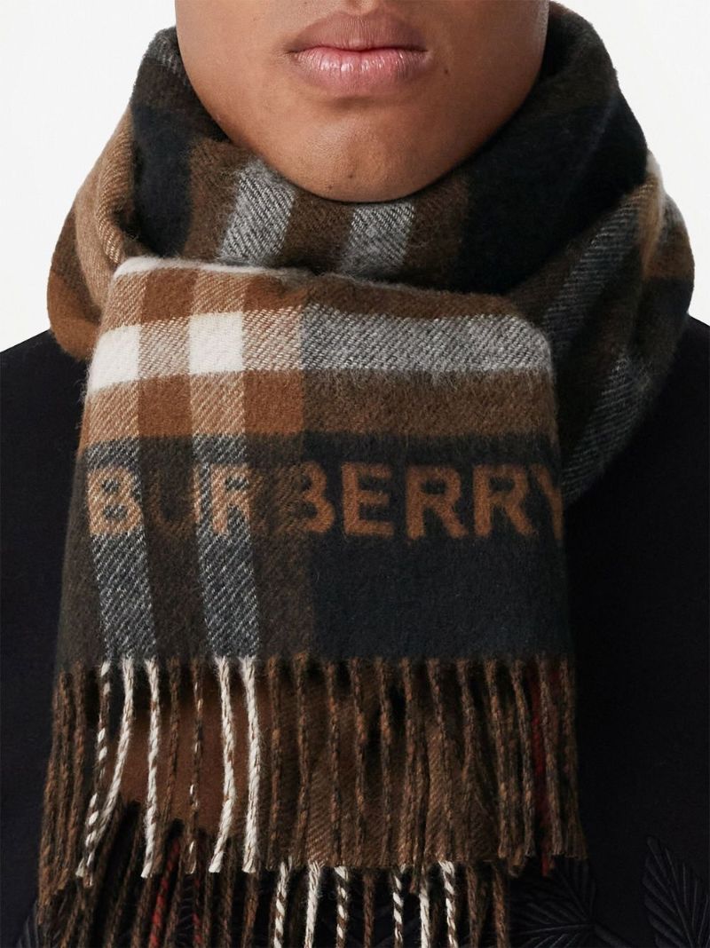 Brown Contrast Check Cashmere Scarf