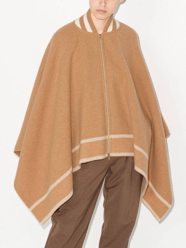 Neutral Leisure Striped Trim Poncho