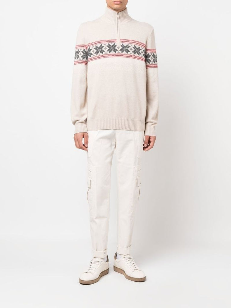 Neutral Geometric Jacquard Cashmere Sweater