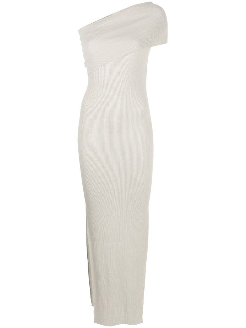 Neutral One-shoulder Virgin Wool Maxi Dress