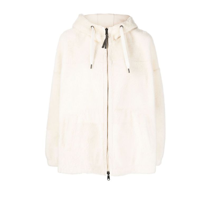 White Shearling Drawstring Hoodie