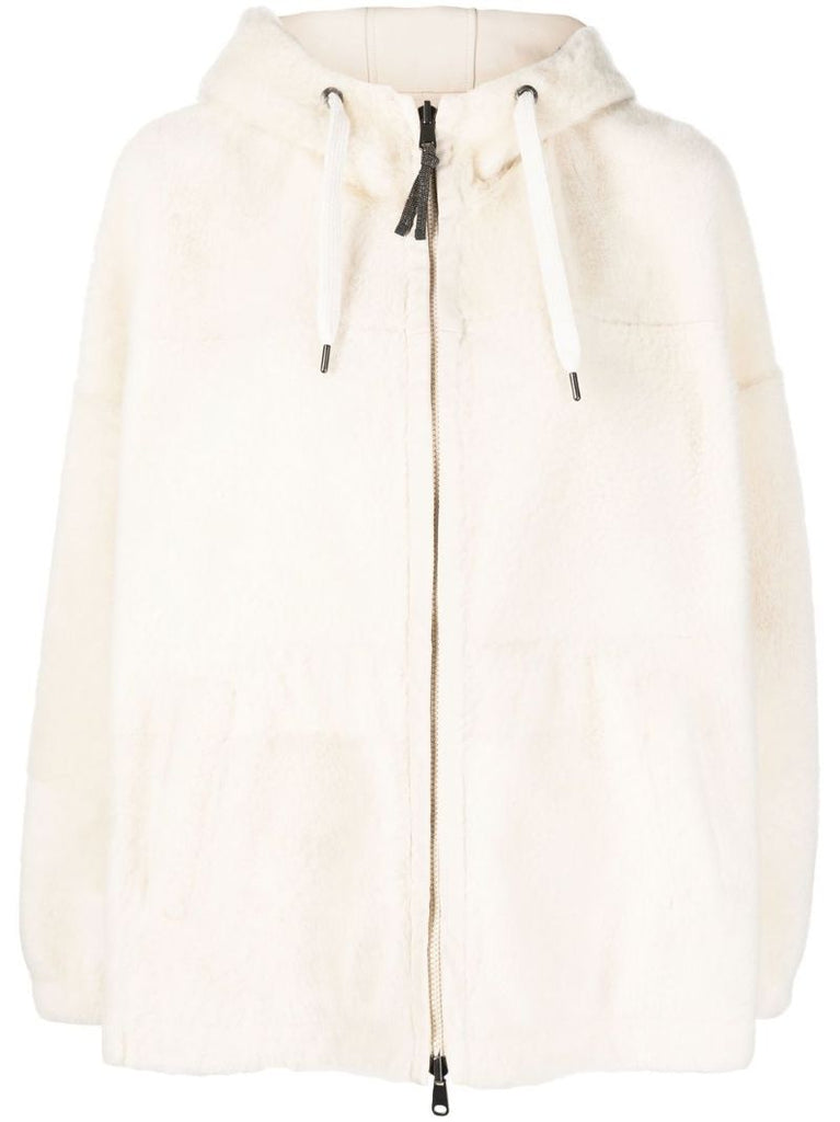 White Shearling Drawstring Hoodie