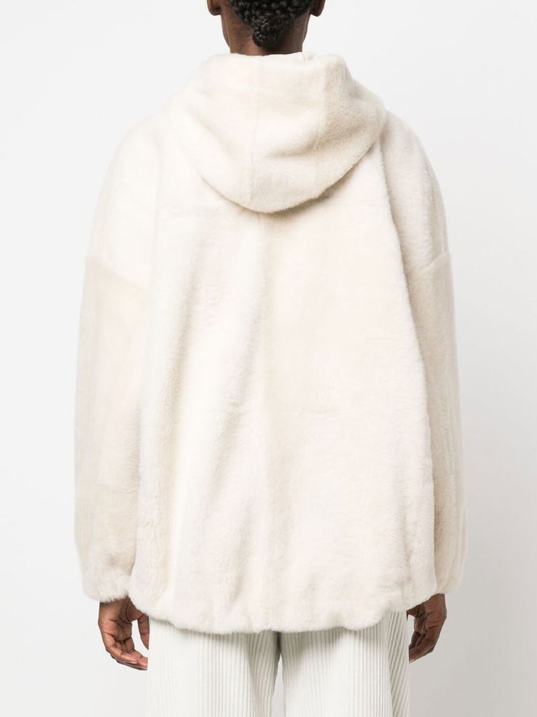 White Shearling Drawstring Hoodie