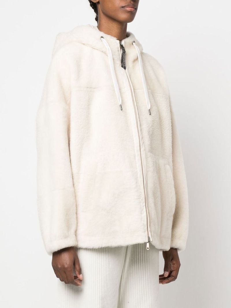 White Shearling Drawstring Hoodie
